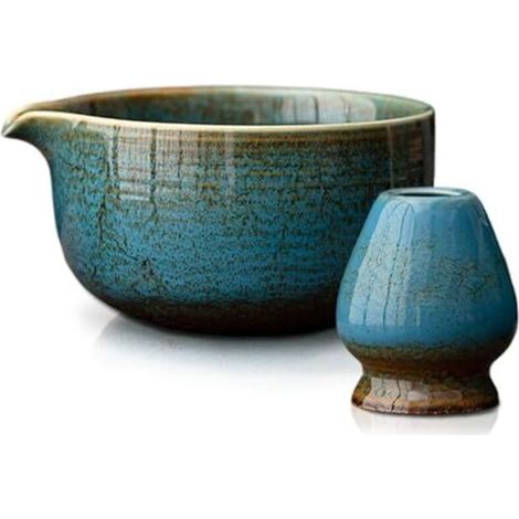 Service à thé Matcha bleu, 2 pièces, comprenant un chawan (510 ml) et un porte-fouet en céramique. Accessoires minimalistes pour la maison, le bureau ou à offrir. (1/5)