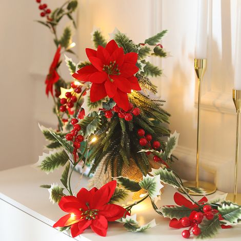 Guirlande de Noël avec 30 LED décorations feuilles houx et lierre artificiels pour décoration 2 pièces 3 m (1/5)