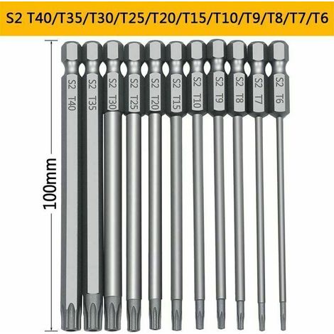 11 pièces 100mm S2 1/4 pouces tournevis Torx embouts hexagonaux de précision perceuse tournevis de sécurité magnétique T6-T40 tournevis Torx à tête longue