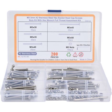 Kit d'assortiment de boulons à écrous hexagonaux, 200 pièces, jeu de vis à tête creuse avec clés pour l'industrie A2 en acier inoxydable (1/5)