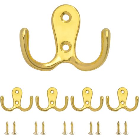 5-piece set of double gold wall-mounted coat hooks, metal double-branch coat racks fixed to the wall with screws, coat hooks suitable for use in the bedroom and bathroom