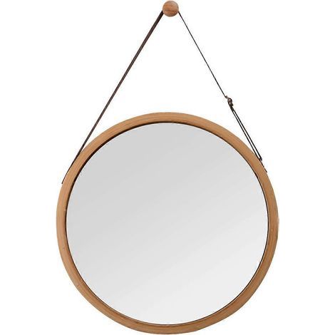 Runder Wandspiegel mit verstellbarem Lederriemen, Badezimmerspiegel, Bambus, braun, 38 cm (1/4)