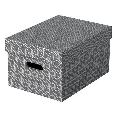 Esselte Set di 3 Contenitori Medi con Coperchio in Cartone Riciclato e Riciclabile al 100%, Ottimali per lo Stoccaggio e l'Archiviazione, Design Geometrico, 265 mm x 205 mm x 365 mm, Grigio (1/3)