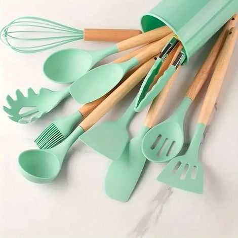 Ensemble d'ustensiles antiadhésifs, 12 Ustensiles de Cuisine en Silicone, Poignées en Bois, Sécuraires, Faciles à Nettoyer, Parfaits pour la Cuisine et la Pâtisserie, 600G (1/4)