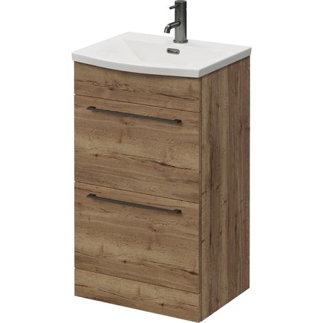 Napoli 390 Tobacco Oak 500mm 2 Drawer Vanity Unit with Arc Basin - 500mm - Gunmetal Grey 320mm Handle
