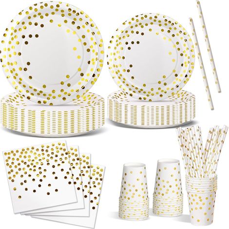 Vaisselle Jetable Anniversaire - 120 Pièces - Carton Blanc et Or - Set 24 Invités - Fête Mariage Baby Shower (1/5)