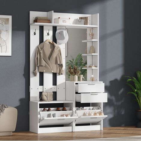 Vestiaire d'entrée 110x34x185 cm en MDF blanc, avec rangement gain de place pour salon FloraGrace (1/5)