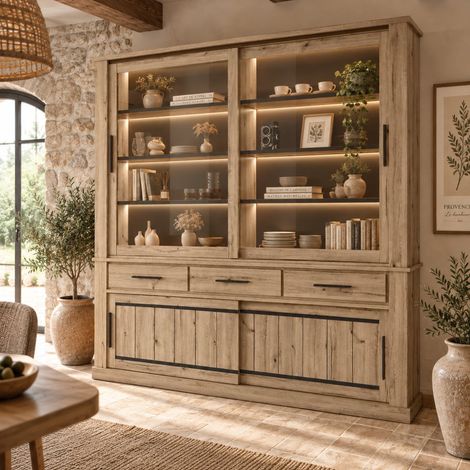 Vaisselier vitré en bois avec portes coulissantes KAMELIA (1/5)