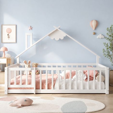 Kinderbett 90x190 cm Weiß aus Kiefernholz und MDF mit Hausdesign und Schutzgitter (1/5)