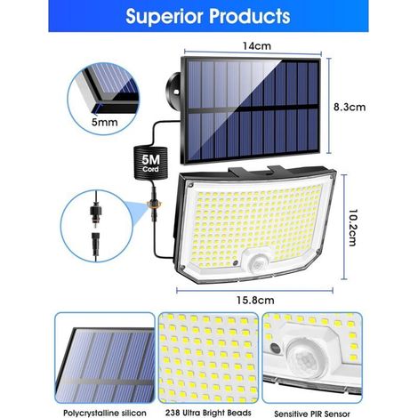 Solar-Außenleuchte, 238 LEDs, 2000 Lumen, Bewegungssensor, 3 Modi & Fernbedienung, 2200 mAh Solar-Flutlicht (1/5)