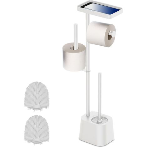Relaxdays toilet stand set, HWD: 65.5 x 29 x 11.5 cm, toilet paper and brush holder, spare roll holder, shelf, white