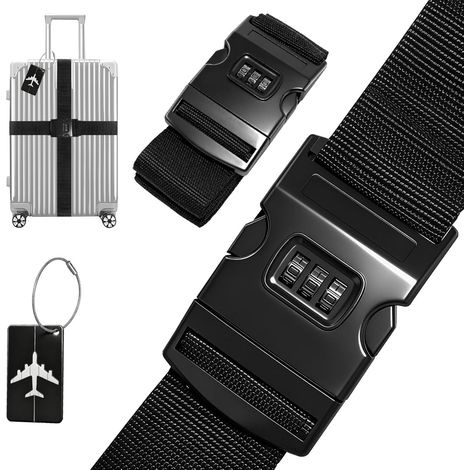 2 Pcs Sangle Valise Voyage avec Code, Etiquette Bagage Valise Avion, Réglable Sangles à Bagage, Fixes et Faciles à Identifier, Résistant Pression Saleté, Rapide Identification, Noir
