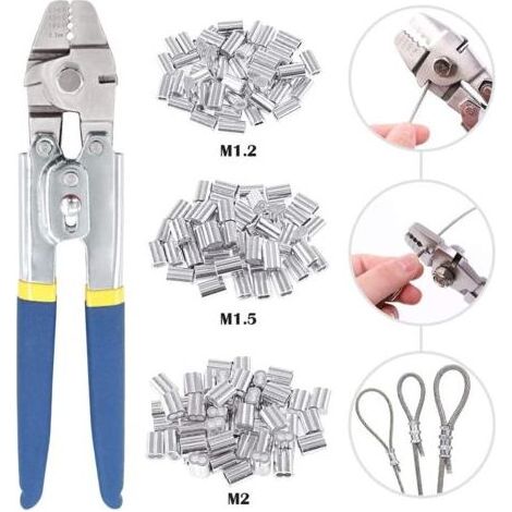 Kaelt - Outil de sertissage pour câble métallique jusqu'à 2,2 mm avec 150 manchons de sertissage double barillet en aluminium de 3 tailles (1/5)