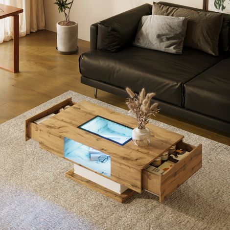 Tavolino da caffè 110.2x60x39.7 cm naturale e bianco in pannello truciolare con vetro, LED e 2 cassetti (1/5)