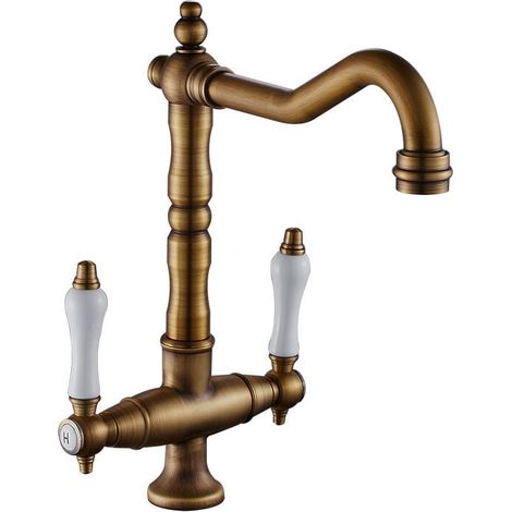 Robinet de cuisine rétro, mélangeur lavabo double commande, pivot 360°, débit puissant, corps en laiton, col haut - Mitigeur 2 poignées, finition antique, pack unique (1/5)