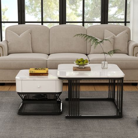 Set de 2 tables basses 70x70x45 cm et 50x50x40 cm blanc et noir, 1 tiroir, effet marbre, MEUBLIV (1/5)