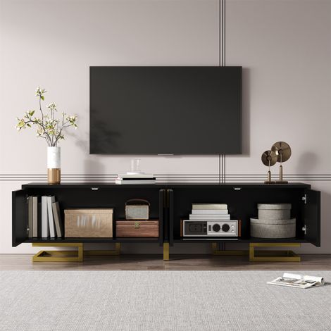 TV-Lowboard mit 4 strukturierten Türen, 160 × 38 × 44,5 cm, schwarz und goldfarben, REDOM (1/5)