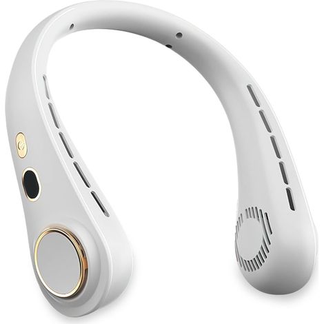 Ventilatore da collo portatile, 5 velocità e display a LED, condizionatore d'aria da collo USB, ventilazione a 720°, asciugacapelli ricaricabile per ufficio, sport, viaggi, campeggio (bianco) (1/4)