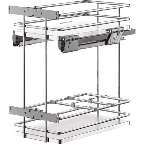 Chariot coulissant bas 2 niveaux – Largeur 264 mm – Profondeur 468 mm – Charge 30 kg – Mélaminé blanc et acier chromé – Vibo