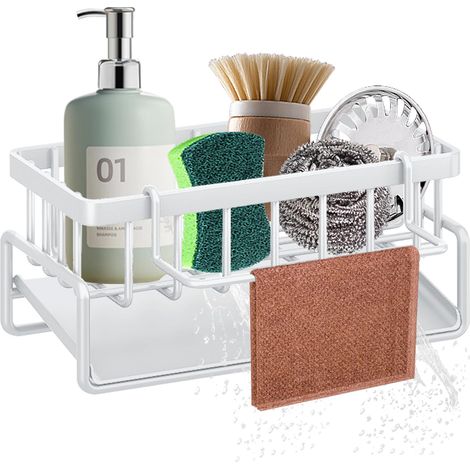 Rangement et organisateur de cuisine, organisateur d'évier avec bac de vidange automatique, égouttoir d'évier, blanc (1/5)