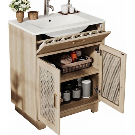 ELVMI Mueble de Baño con 2 Puertas, Cajón Abatible, Estantes Ajustables, Lavabo Cerámico, MDF, 76x46x88 cm Natural (1/5)