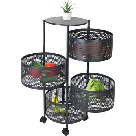 Carro de cocina Relaxdays, 4 estantes giratorios, 75 x 34 cm, metal, 2 frenos, carro con ruedas negro.