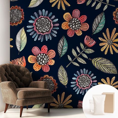 Papier peint intissé pour salon chambre à coucher peint imprimé pour mur - Colle incluse gratuite Mosaïque florale 250x250 cm (1/5)