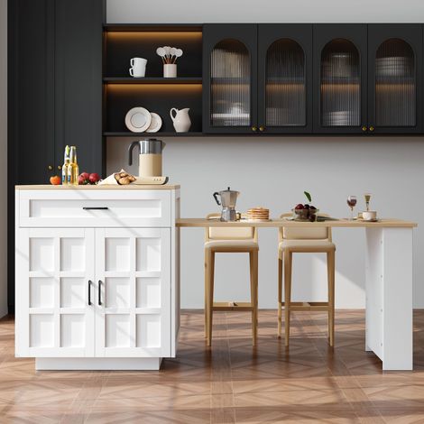 Table de bar extensible 133-202x70x93,5 - 2 tiroirs, 4 niches,blanc (1/5)