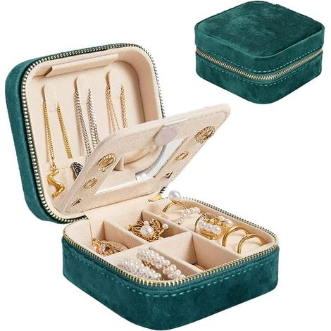Étui de voyage en velours vert pour bijoux - Petite boîte à bijoux femme, organiseur de boucles d'oreilles miroir inclus (1/5)