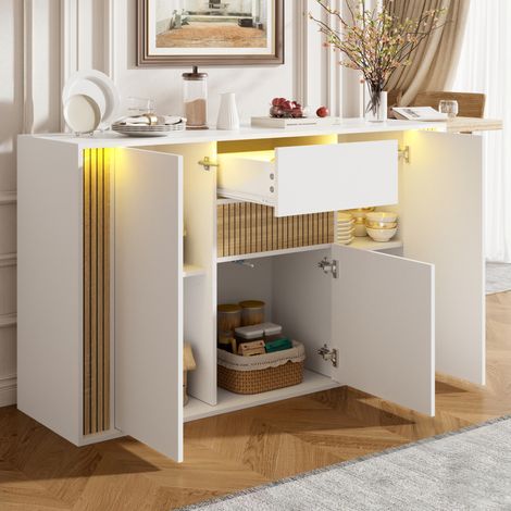 Buffet 140x40x82 cm en panneaux de bois blanc, avec rangement LED pour salle à manger FloraGrace (1/5)