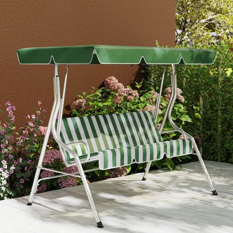 Columpio de jardín de 3 plazas, columpio de exterior con toldo de inclinación ajustable, estampado de rayas, 1,7 x 1,1 x 1,53 m, verde