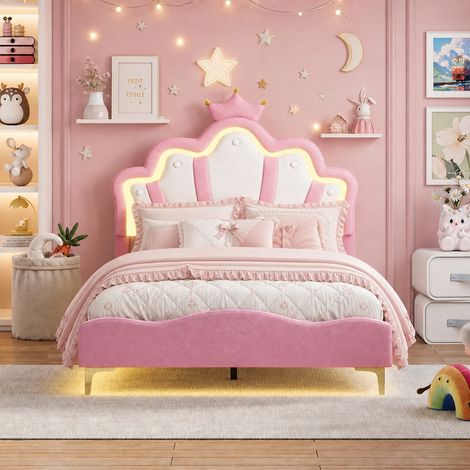 Lit Enfant 140x190 cm Rose, Lit Double Princesse avec Tête de Lit Couronne et LED Réglable, Sommier à Lattes Inclus, Lit double Style Scandinave