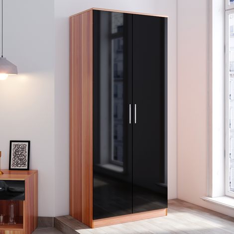 ELEGANT Modern Soft Close 2 Doors Wardrobe with Metal Handles Includes a removable hanging rod and storage shelves, Black/Walnut (1/5)