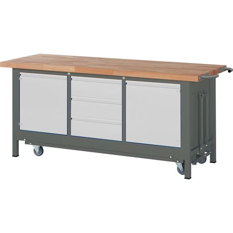 STIER Werkbank Premium mit abs. Fahrgestell, 3 Schubladen und 2 Flügeltüren BxTxH 2000x700x880mm (1/4)
