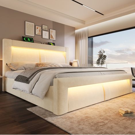Cama dormitorio con almacenamiento LED beige OKMYHOME (1/5)