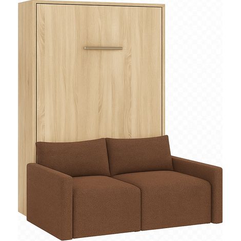Lit escamotable vertical avec canapé tissu VALENCIA Sans matelas Camel-90x190-Canapé Camel-Structure Chêne clair (1/5)