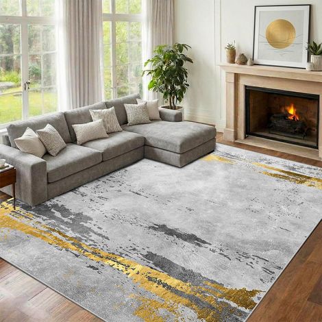 Salon Tapis Lavable en Machine 200x300cm Grand Moderne Design Abstrait, Anti Derapant Poil Court Tapis pour Salon, Salle à Manger, Bureau à Domicile(Gris/Or) (1/5)