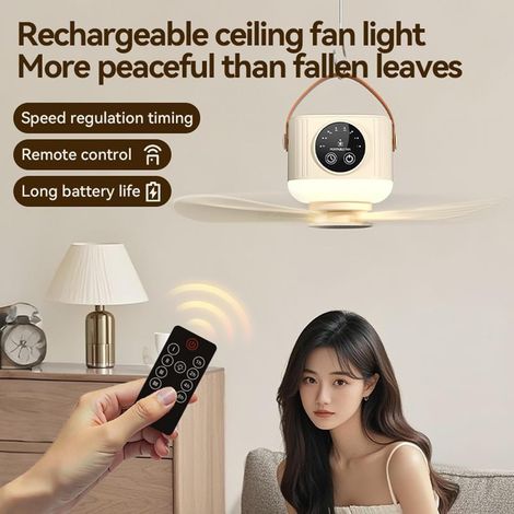 Ventilateur Plafond Portable - Batterie 3600mAh ,LED 4 Vitesses Télécommande – Appareil Camping , Jardin – jaune crémeux (1/4)