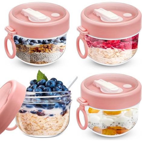 4 recipientes de plástico rosa para avena nocturna, Gran capacidad de 591 ml (20 oz), para yogur, fruta, cereales y ensaladas (1/5)