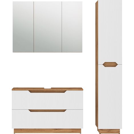 Juego de muebles de baño de 3 piezas Lotta, Roble/rayas blancas, 3 partes, Vicco (1/5)