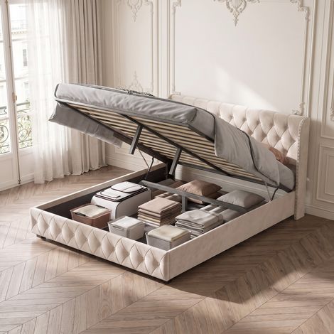 Lit coffre 140x190 cm, lit double rembourré,design capitonné avec rivets, lit adulte 140x190 cm avec rangement hydraulique,sommier à lattes,velours,Beige (1/5)