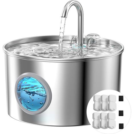 Fontaine a Eau Chat INOX: Fontaine à Eau pour Chat - 2,2L Distributeur Eaus Chats Automatique - Fontaines Eaus Chats - Gardez l’Eau Propre - Distributeur Chiens avec 6 Filtres + 3 Éponges (1/5)
