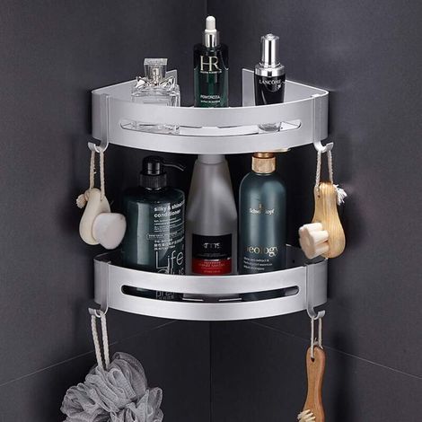 sans Perçage (Étagère D\'angle) Etagère de Douche Etagère de Salle de Bain Aluminium Antirouille Stockage Rangement 2 Tablettes pour Shampoing Savon (1/4)