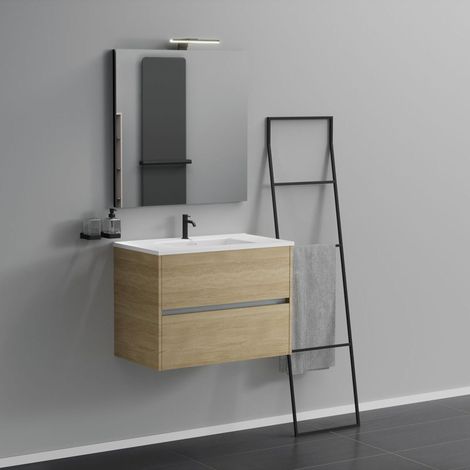 Inda - Badezimmerschrank 2 Schubladen L.80 mit Waschbecken, Spiegel und Lampe - Natureiche