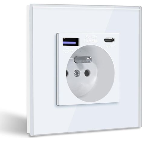 Prise Murale avec USB C PD20W Blanc,Prise de courant à Encastrer,16A Prise de Courant Alternatif avec Panneau en Verre,Chargeur Rapide Multiprises avec 1 USB-C 20W, Idéal pour Maison, Bureau (1/5)