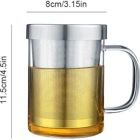 Tasse à thé en verre borosilicate de 450 ml avec infuseur, filtre et couvercle. (1/5)