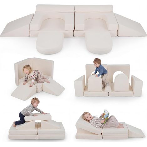 10 x Canapés modulables pour enfants en mousse et tissu suédé doux, canapé convertible 4 places avec housses amovibles et lavables, fauteuil (Beige) (1/5)