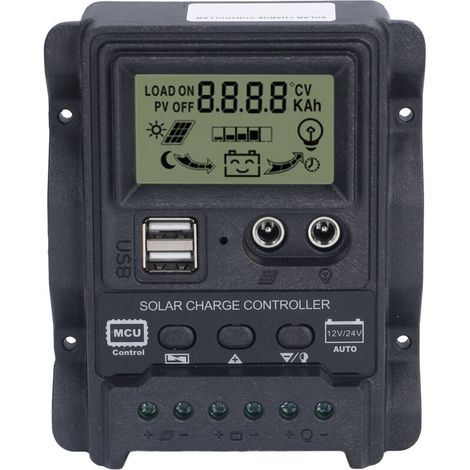 Contrôleur de Charge Solaire PWM Double USB 10A, Affichage LCD ABS, Commande Lumière, 12V/24V (130W/260W)