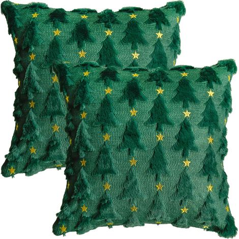 Lot de 2 housses de coussin décoratives en fausse fourrure de pin, vert/doré, 45 x 45 cm, pour l'hiver, la chambre à coucher