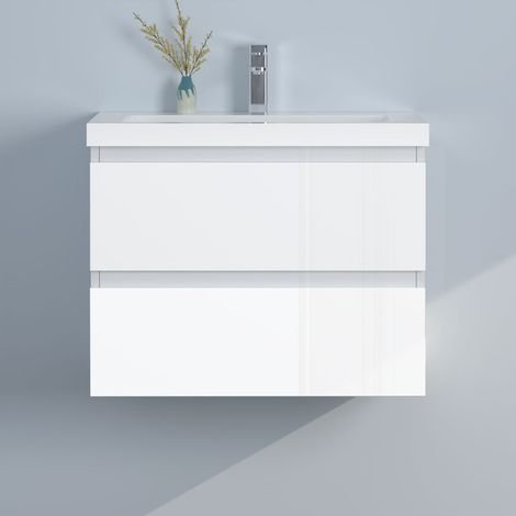 60cm Badmöbel Set Waschtisch mit Unterschrank Gäste WC Hochglanz Weiß Waschbecken Mineralguss Weiß